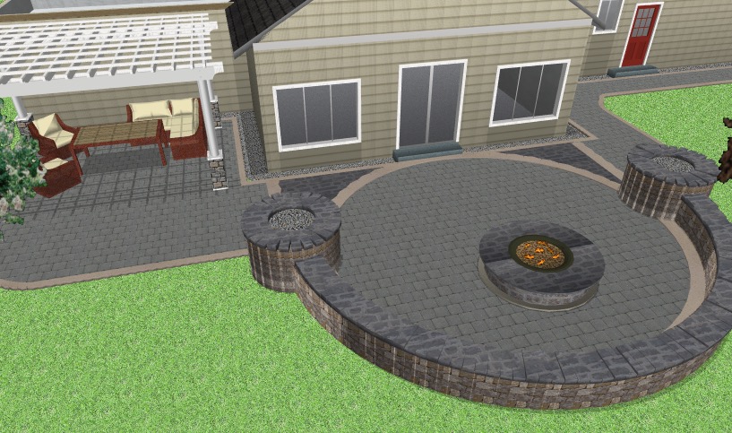 3D rendering for paver patio w/ firepit and walkways, Windham, Maine 