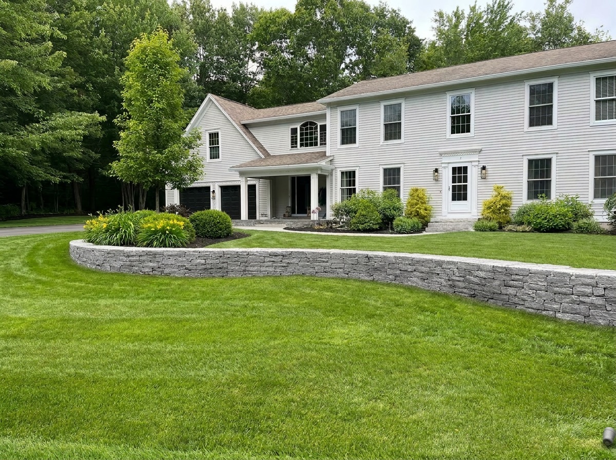 Large granite retaining wall in Falmouth Maine